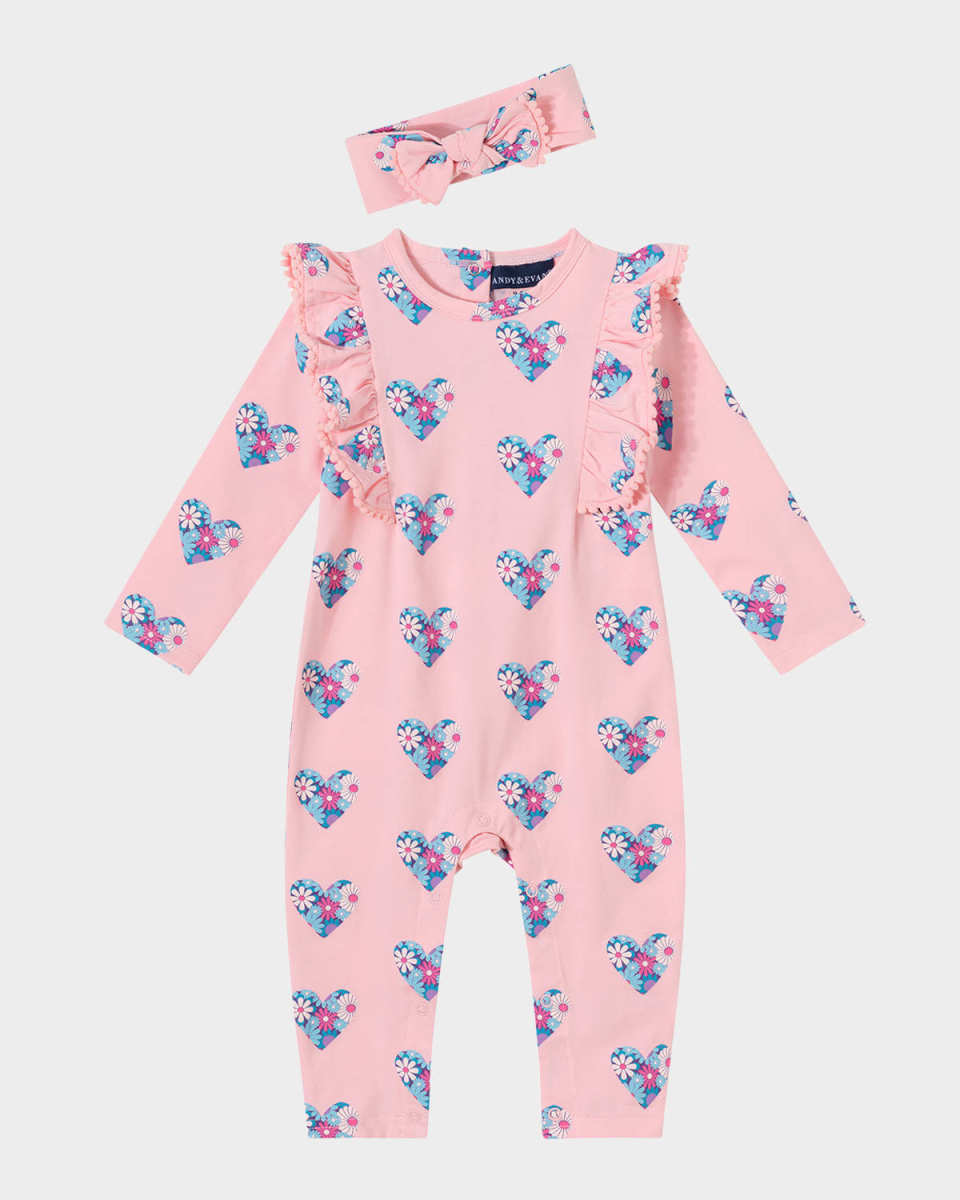 Girl's Heart-Print Coverall W/ Headband, Size Newborn-24